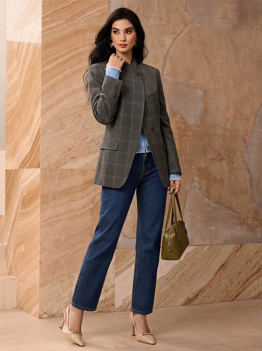 Glazenia Women's Spring/Summer New Plaid Asymmetric Casual Blazer, Vintage Design Elegant Elegant - Royal Blue - View 1