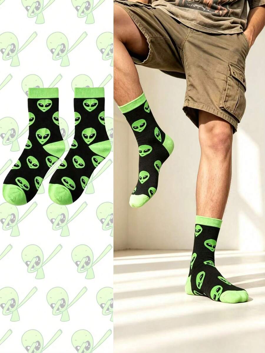1/3 Pairs Street Style Alien Print Mid-Calf Socks, Unisex, Black And Green Contrast Color Alien Head Pattern, High Elasticity, Moisture-Wicking, Casual Socks, Hip-Hop Style, Matches Cargo Pants And Sneakers, All-Season Wear - Multicolor - View 1