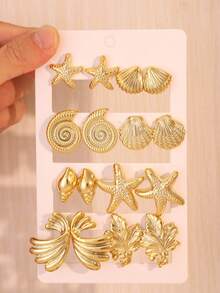 Vintage Distressed Metal Ocean Style Stud Earrings Set, Gold Starfish Shell Conch Leaf Vacation Vibe Earrings - Gold - View 1