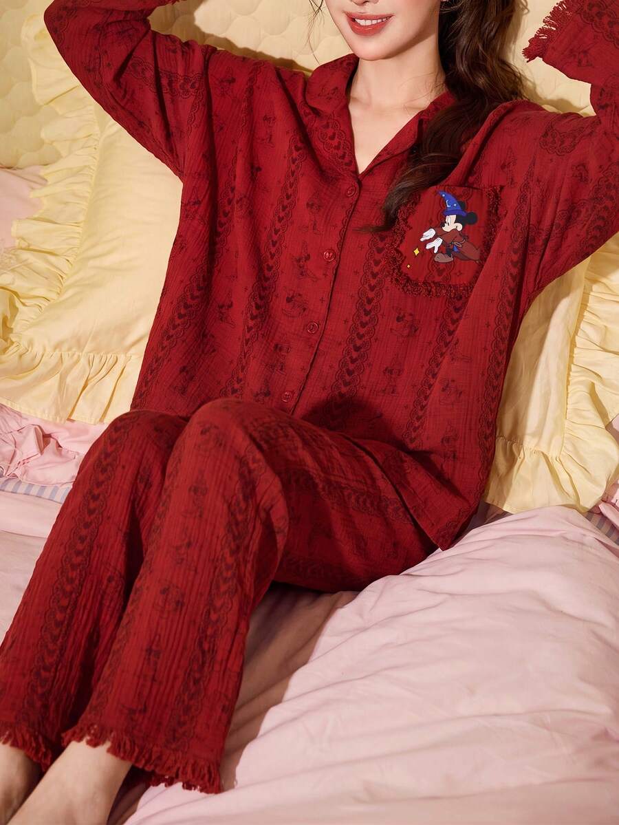 Gongdie 2pcs Disney Mickey Mouse Couple Women's Pajama Set, Spring/Autumn Burgundy Textured Loungewear With Cartoon Print And Tassel Trim - Red - View 1