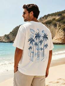 1pc White Soft Men's Short Sleeve T-Shirt, Men's Short Sleeve, Men's T-Shirt, Men's Printed T-Shirt, Print, Skin-Friendly, Coconut Tree Print Short Sleeve, Vacation Style, Machine Washable, Suitable For Beach Vacation, Summer, Hawaii, Beach Play, Swimming Pool - White - View 5