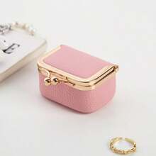 1pc Solid Color Gold Trim Litchi Grain PU Leather Jewelry Coin Earphone Storage Mini Pouch With Gold Ball Snap Button Closure, Sweet Vintage Style, Travel Commute Daily Carry Bag For Girls - Multicolor - View 14