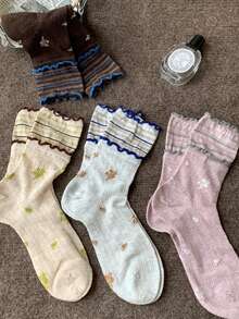 4 Pairs Women's Socks, Spring/Summer Comfortable Versatile Thin Style, Vintage Floral Double Ruffle Edge, Lightweight Breathable Versatile Slouchy College Style Mid-Calf Socks, Suitable For Students Daily Wear, Gatherings, Home Wear, Perfect Gift Choice - Multicolor - View 11