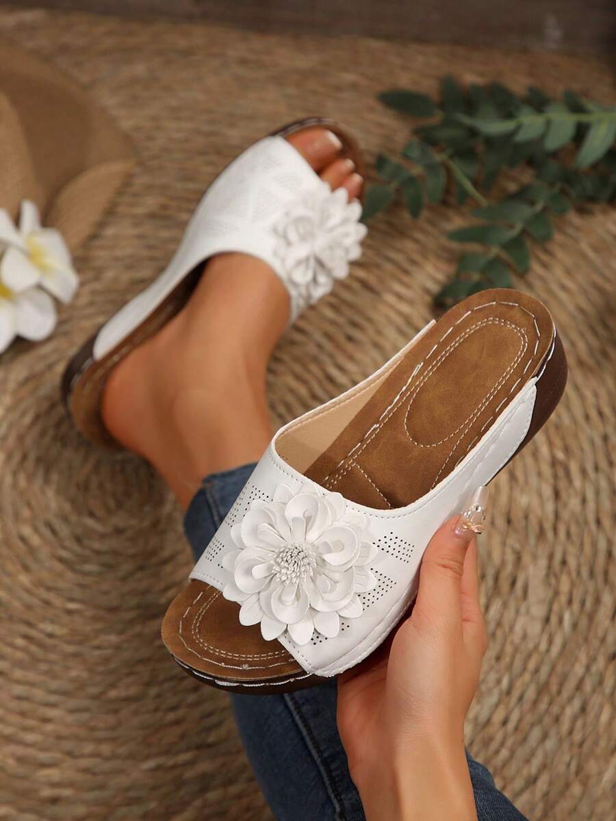Sandalias de plataforma con suela gruesa para mujer, plataforma antideslizante para uso en exteriores, decoración floral de verano, puntera abierta súper ligera, esencial para viajes - Blanco - Ver 1