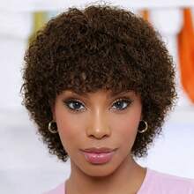 AMECIRE Women's Short Hair Wig Curly Wig Brown Wig Pixie Cut Wig Human Hair Wigs With Bangs Elastic Mesh Cap Suitable For Everyday Wear And Holidays - S4 - View 2