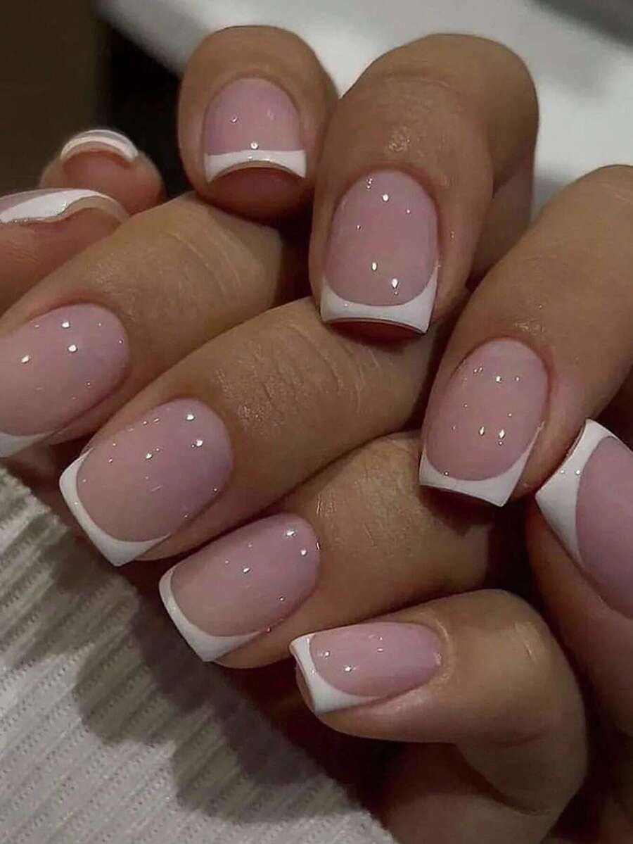 24pcs Short Square White French High-Quality New Technology Full Coverage Nail Tips Set, Suitable For Women And Girls Daily Wear - 彩色 - 查看 1