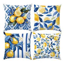 4Pcs Navy Blue Lemon Illustration Throw Pillow Covers - 17.7*17.7 Inches, Machine Washable With Zipper, Suitable For Farmhouse, Living Room, Bedroom, Sofa, Porch, Patio, Outdoor Decor, Not Insert Included - Multicolor - View 2