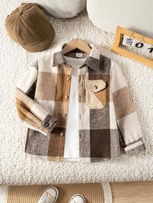 Young Boy Classic Versatile Casual Khaki Plaid Long Sleeve Shacket For Kids - Khaki - View 2