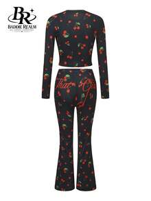 BADDIE REALM Women's 2pcs Slim Fit Cherry Print Stretch Vaction Athleisure - Multicolor - View 9
