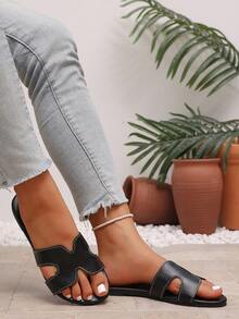 Black H-Strap Flat Slides: Fashionable Summer Open-Toe Sandals, Suitable For Beach, Party And Daily Commute - Black - View 8