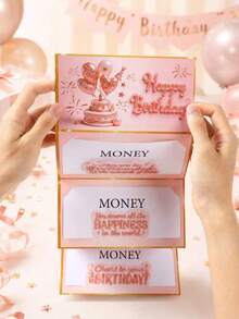 1 Set Pink "Happy Birthday" Foldable Money Card And Envelope, Pink Birthday Cake Pattern Foldable Money Card, Birthday Party Surprise Cash Gift, Anniversary Celebration Foldable Money Card - View 6