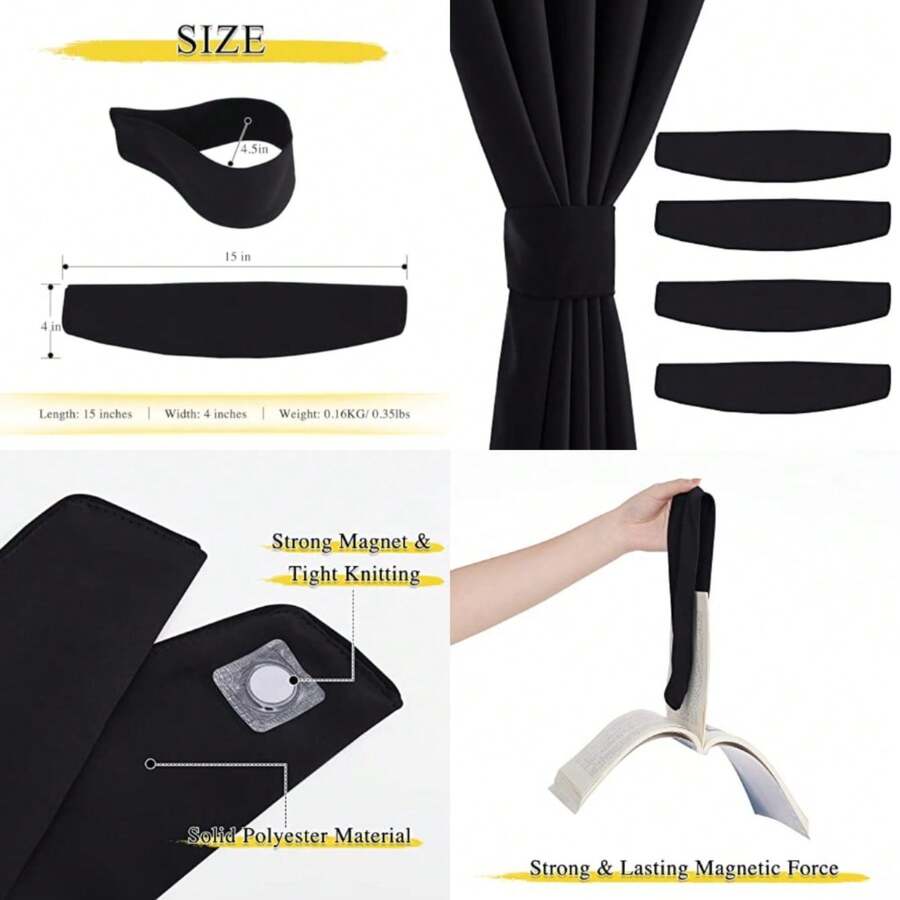 Strong Magnetic Curtain Tiebacks - Natural Decorative Curtain Ties Wide Straps Holdbacks For Modern Curtains,15 X 4 Inch, Set Of 4, Suitable For 55"- 70" Wide - Black - View 1