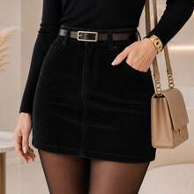 Women's Corduroy Mini Skirt With Elegant Belt High Waisted - 黑色的 - 查看 13