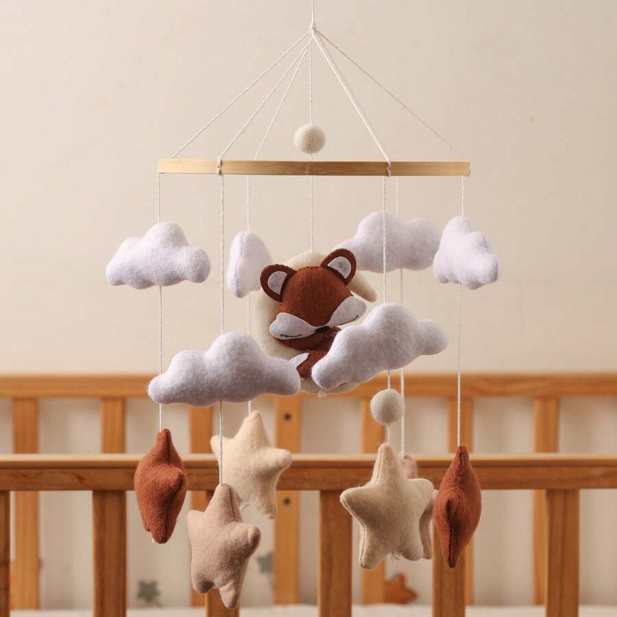 Handcrafted Baby Bed Mobile, Brown Little Fox, Moon And Stars, Baby Crib Hanging Toy, Enhances Infant Hand-Eye Coordination, Suitable For Nursery Decor, Best Gift For Parent-Child Interaction