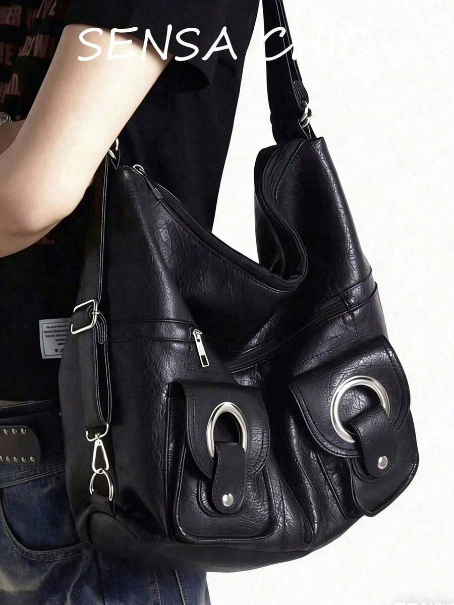 Modische Schultertasche mit mehreren Taschen, tägliche weiße PU-Leder Handtasche mit verstellbarem Riemen, leicht und praktisch, perfekt für Arbeit, Ausflüge und den täglichen Gebrauch. Mit entspanntem Schnitt und langanhaltend Struktur, kombiniert Praktikabilität und Y2K-Stil Details, um einen auffälligen Look zu kreieren - Schwarz - Übersicht 1