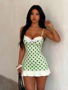 Vestido mini de tirantes finos con bloques de color y lunares para el verano - Verde - Ver 2
