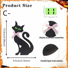 1pc Wooden Black Cat Tabletop Sign Decor, With Pink Bow And Green Cat Eyes Glow In Dark Sticker Decoration, Autumn Halloween Household Desk Shelf Party Supplies. - Multicolor - View 13