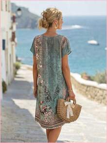Qionghai city renqianjia trading Vestido midi de manga corta para mujer, con estampado geométrico, vestido de verano bohemio para carnaval de primave - Multicolor13 - Ver 3