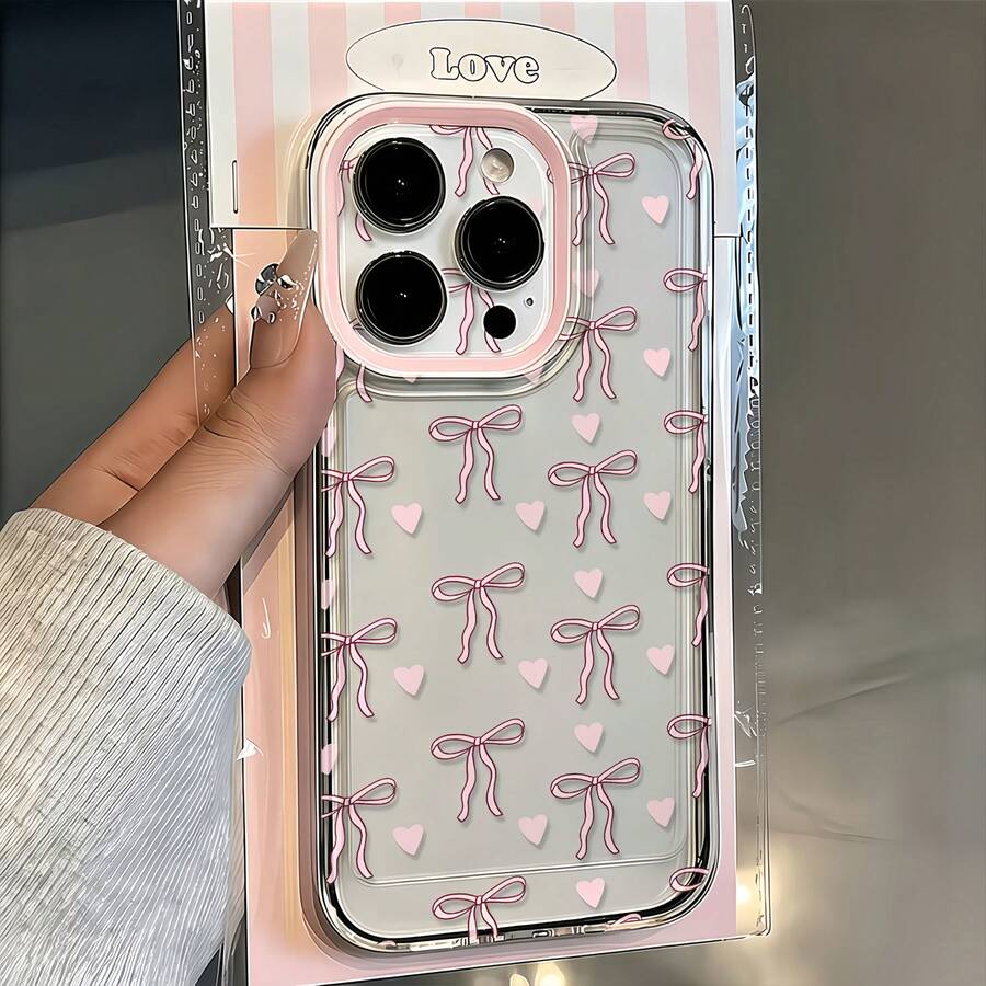 1 buah Casing Ponsel Transparan Motif Hati & Pita Cetak Penuh untuk iPhone 16 Pro Max/17/16/15/14 Plus/13/12/11, Casing Pelindung Udara - MultiWarna - View 1