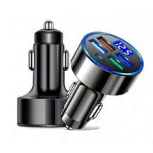 1入黑色4-usb端口帶type-c汽車充電器適配器,具有電壓和電流的led顯示屏 - 黑色 - 查看 4