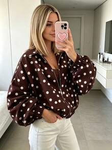 Women's Casual Loose Jacket For Early Autumn And Early Spring, Brown Polka Dot Zipper Design, Versatile Daily Jacket For Vacation, Suitable For Commuting And Shopping - Brown - View 6