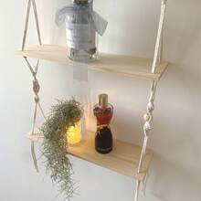 1 pieza Colgante de pared de macramé estilo bohemio, estantería decorativa de 2 niveles para almacenamiento de pared, tapiz decorativo para sala de estar, dormitorio, fondo de pared, estantería de almacenamiento con borlas, decoración de pared de arte de fibra, hecho a mano, tejido de encaje, tabla de madera de doble capa - Sin decoración - Beis - Ver 5