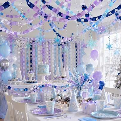 8/420 Pcs Wonderland Party Decorations 400 Purple Blue Paper Chain Garland Crepe Streamers With 20 Hanging Snowflake Swirls For Winter Wedding Holiday Birthday Christmas New Year Eve