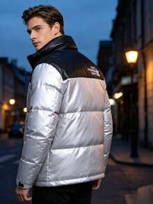 Men's Color Block Stand Collar Thickened Winter Puffer Jacket, Letter Embroidery Zip Up Windproof Thermal Down Alternative Outer Coat - Silver - View 3
