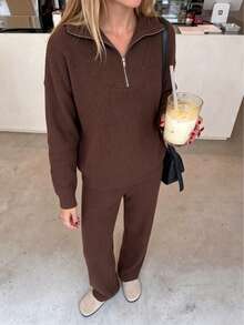 Women's Ribbed Knit Half-Zip Long Sleeve Sweater And Wide Leg Pants Set, Medium Stretch, Suitable For Autumn/Winter - Brown - View 4