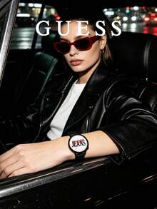GUESS Minimalist Large Letter Print Dial Contrast Red Hands 5ATM Waterproof Casual Couple Watch V1022M2 - Black - View 4