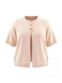 Women's Plus Size Short Sleeve Knit Cardigan, Regular Length, Medium Stretch, Fashion Sweater Top, Comfortable For Daily Wear - Champagne - View 9