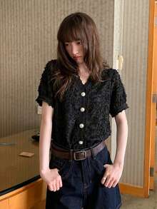 夏季V領單排扣短袖蕾絲女款休閒襯衫上衣 黑色 - 黑色 - 查看 3