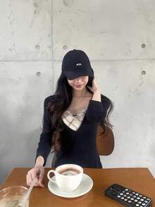 Women's Lace Patchwork 2 In 1 Long Sleeve T-Shirt, Slim Fit, Flattering, Inner Layer Base Top Black - Black - View 4