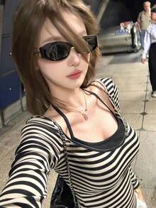 Casual Long Sleeve Striped V-Neck T-Shirt Women's Top - Apricot - View 2