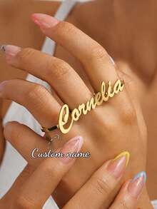 Customized Multi-Finger Name Ring For Women, Bohemian Style Exquisite Handmade Name Couple Ring, Stainless Steel Adjustable Double Finger Name Plate Wedding Ring - Unique Gift For Newlyweds; Adjustable Name Ring Suitable For Women, Personalized Gift For Friends, Lovers And Family; Birthday And Anniversary Gift Designed For Girlfriend, Mother And Relatives - Gold - View 1