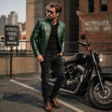 Mens Biker Leather Stand Collar Long Sleeve Multiple Zipper Pockets Winter Casual Outerwear - Green - View 2