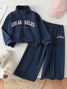 Young Girl Letter Print Zip-Up Half-Placket Stand Collar Sweatshirt And Pants Set - Royal Blue - View 1