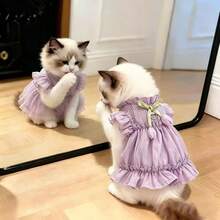 Light Purple Frill Trim Pet Harness Dress With Leash Buckle, Bow And Small Flower, Breathable Thin Outfit For Small Dogs, Bichon, Teddy - Purple - View 9