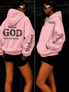 Letter Print Pattern Sweatshirt, Plus Size Women's Casual Autumn/Winter Hooded Sweatshirt. Pink - Pink - View 2