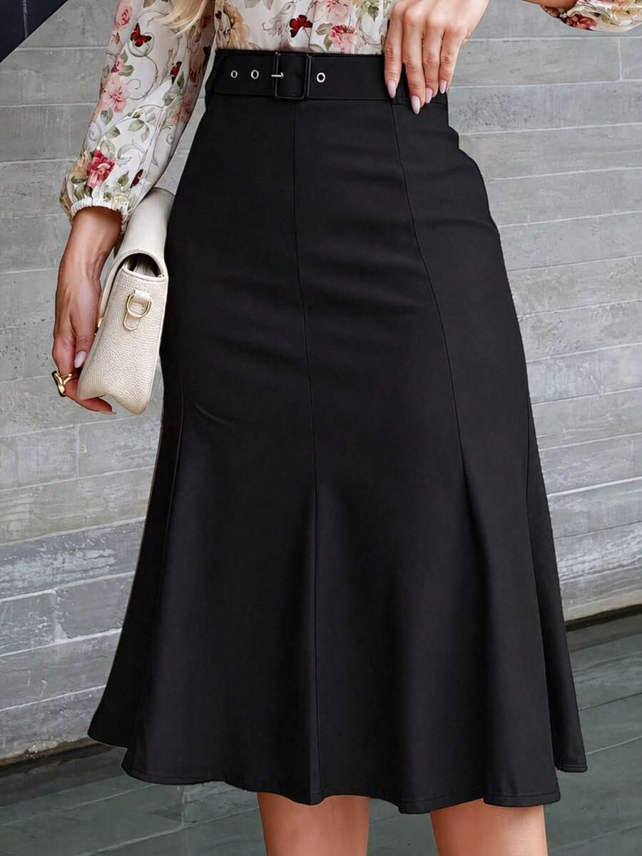 Women's Elegant Solid Color High Waist Commuter Mermaid Hem Skirt - Black - View 1