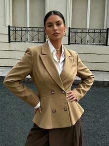 Women's Fashion Lapel Double-Button Blazer, Flared Hem, Short Woven Fabric, Suitable For Autumn And All Seasons - Khaki - View 3