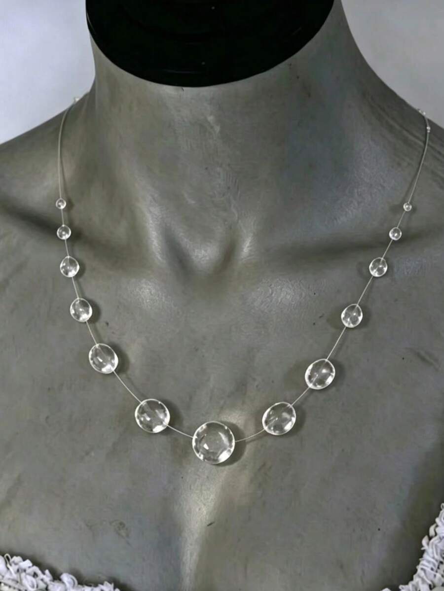 Floating Collarbone Transparent Necklace Like Morning Dew + Invisible Fishing Line Handmade, Fashion Minimalist Imitation Water Drop Necklace, Gradient Water Drop Style Pendant - Clear - View 1