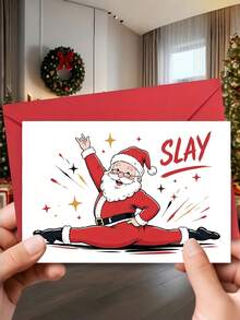 1pc "Slay Santa" Funny Christmas Card With Envelope - Humorous Comic Santa Greeting For Friends, Family & Coworkers, Blank Inside - A - View 1