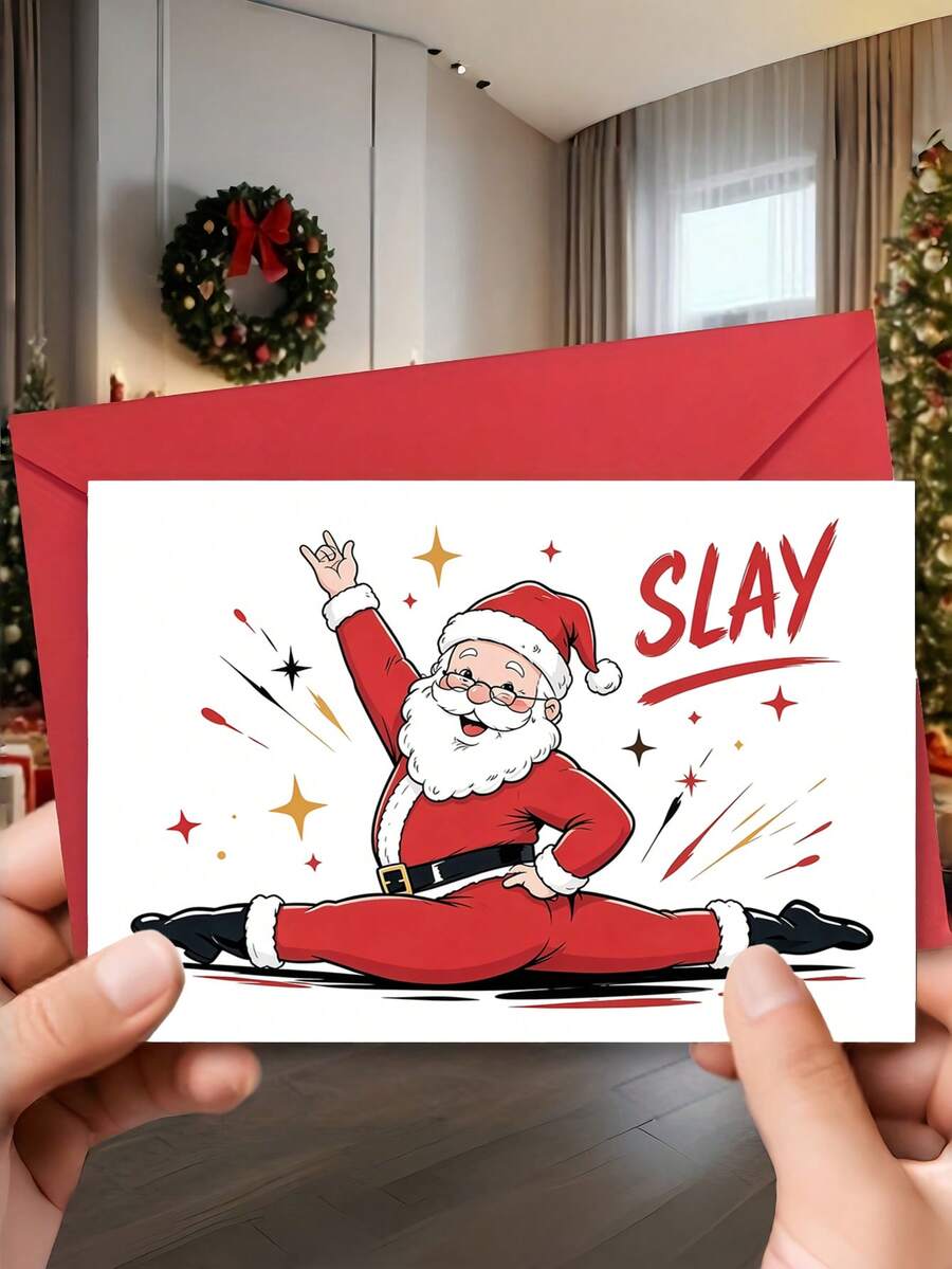 1pc "Slay Santa" Funny Christmas Card With Envelope - Humorous Comic Santa Greeting For Friends, Family & Coworkers, Blank Inside - A - View 1