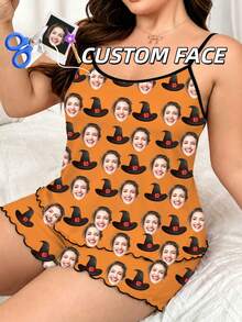 Women's Customized Face Photo Halloween Pajama Set, Personalized Photo Witch Hat Lingerie, Fun Orange Camisole & Shorts Loungewear Set - Multicolor - View 1