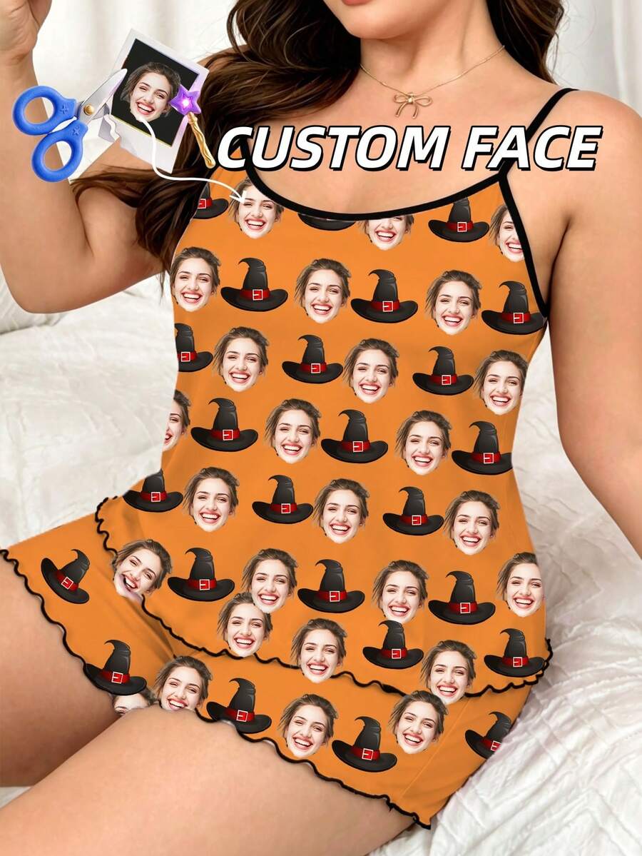 Women's Customized Face Photo Halloween Pajama Set, Personalized Photo Witch Hat Lingerie, Fun Orange Camisole & Shorts Loungewear Set - Multicolor - View 1