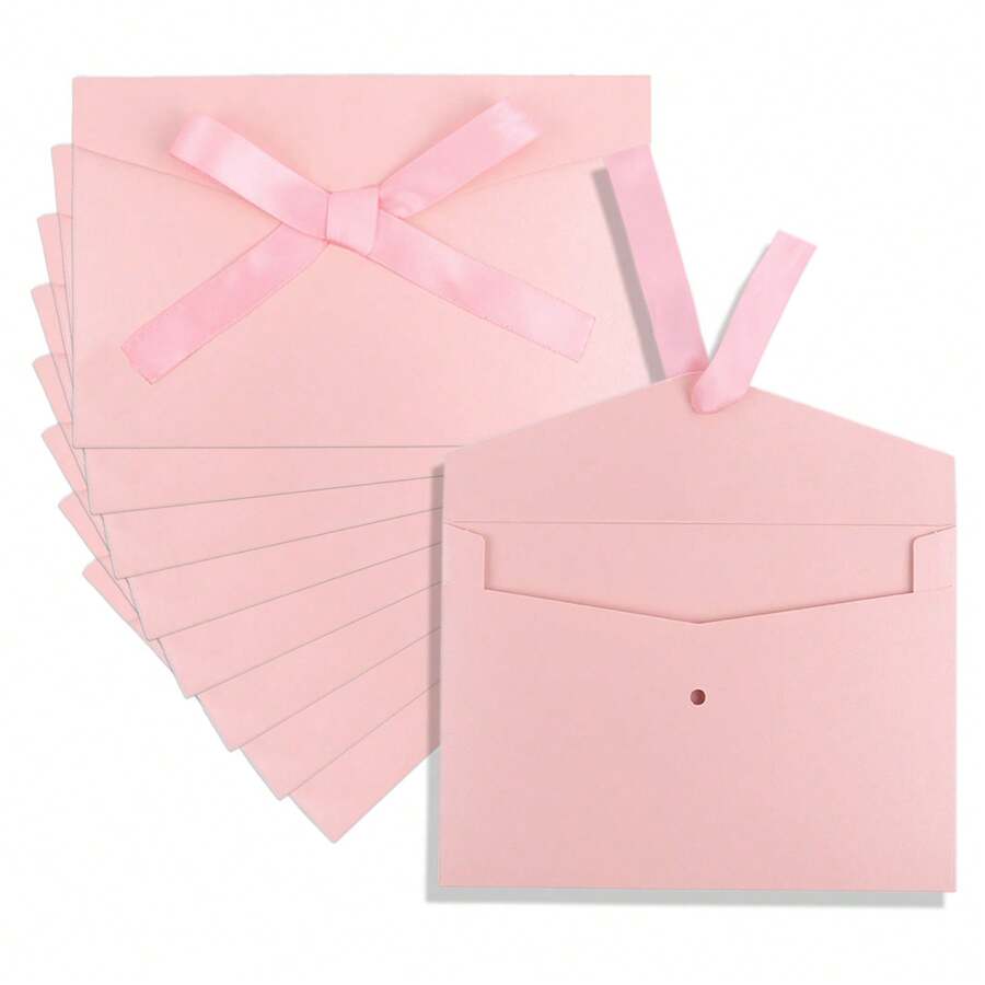 20PCS Pink Pearlescent Gift Envelopes With Satin Bow Ribbon Closure, 6.7x4.7 Inch Thickened Kraft Paper Envelopes For Wedding, Birthday, Thank You Notes, Party Invitations & Greeting Cards, Reusable Decorative Stationery Set - Pink - View 1