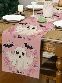1pc/Halloween Decorative Table Runner, Pink Background With Black Bat And Cute Ghost Print, Polyester Material, Multiple Size Options, Dining Table Centerpiece, Halloween Party Supplies - Multiple Styles - View 2