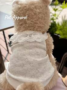 1pc Autumn Pet Vest Dog Teddy Hollow Out Cat Pet Clothes Summer Breathable Thin Style, Elegant Lace Ruffle Collar With Bow Decor, Soft Breathable Sleeveless Dog Vest, Daily Cute Puppy Kitten Outfit, Suitable For Small And Medium Pets Summer Wear - Light Grey - View 8