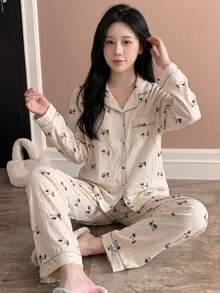 2pcs/Set Women's Cartoon Textured Lapel Loungewear, Autumn/Winter Button-Up Long Sleeve Long Pants Pajama Set, Suitable For Outdoor Wear, All Seasons - Apricot - View 1